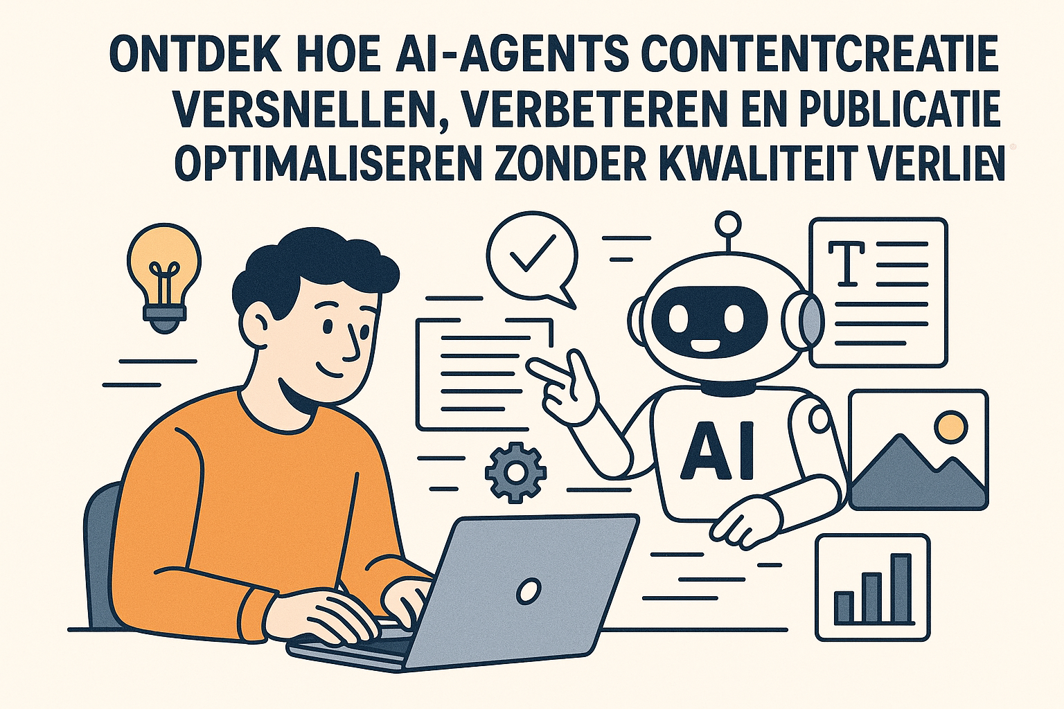 Illustratie van AI-agents die contentcreatie en publicatie ondersteunen