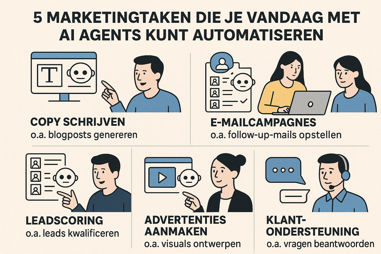 Illustratie van AI Agents gebruik in contentcreatie en klantinteractie