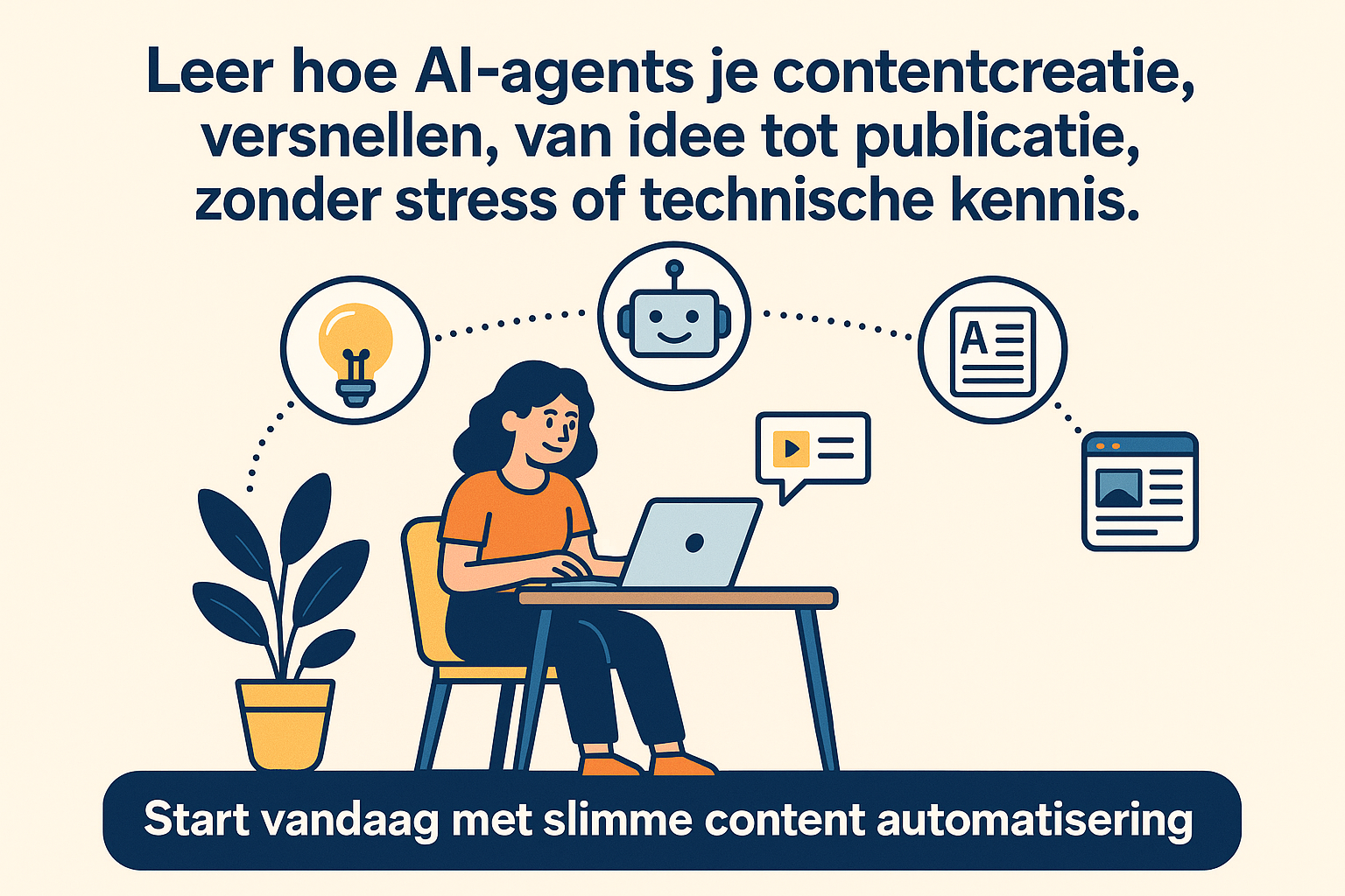 Illustratie van AI-agents die helpen bij contentcreatie en publicatie